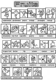 English Worksheet: Fruits pictionary BW version