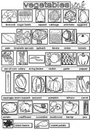 English Worksheet: Vegetables pictionary BW version