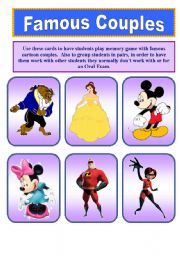 English Worksheet: Famous Cartoon Couples (1 of 2)    14 Cards.