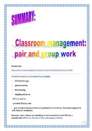 English Worksheet: Pair & group work in ESL (Classroom management): article summary