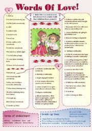 English Worksheet: WORDS OF LOVE! -love related vocabulary and love quotes ( 2 pages + keys) for intermediate students