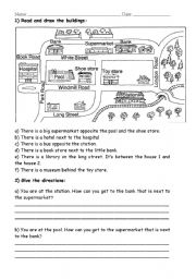 English Worksheet: Draw buildings and give directions