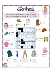 English Worksheet: clothes wordsearch