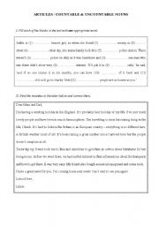 English worksheet: countable & uncountable & articles