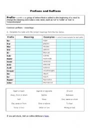 English Worksheet: Prefixes and Suffixes