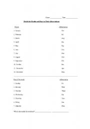 English worksheet: matching abbreviations, months and days