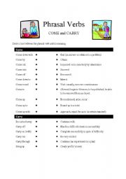 English Worksheet: Phrasal Verbs --- COME and CARRY
