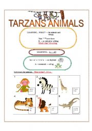 English worksheet: TARZANS ANIMALS: LEARNING A /AN etc