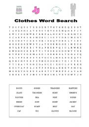 English Worksheet: Clothes Word Search