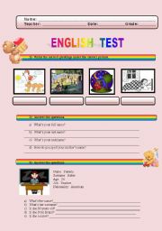 English Worksheet: English Test about greetings, verb to be, possessive and demostrative pronouns!!!