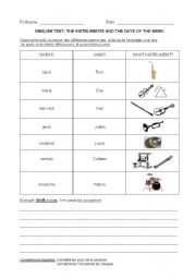 English worksheet: test  music instruments and days of the week