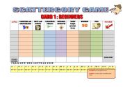 SCATTERGORY GAME PLAYING CARDS :3 PAGES (3 LEVELS: BEGINNERS,INTERMEDIATE AND UPPER-INTERMEDIATE)+INSTRUCTIONS