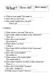 English worksheet: what how old how many