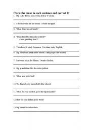 English worksheet: Present Simple errors that need to be corrected