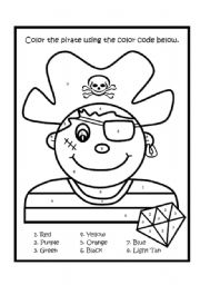 English Worksheet: Color By Number Pirate Boy