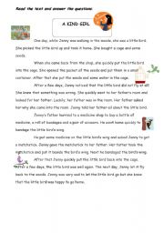 English Worksheet: Reading Passage ( A Kind Girl)