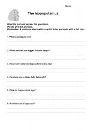 English worksheet: questions about the Hippo reading 