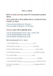 English Worksheet: For vs. Since