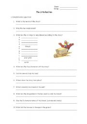 English Worksheet: The Little Red Hen - comprehension questions
