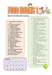 English Worksheet: FOOD IDIOMS parts 1, 2 and 3 : 5 PAGES (3 MATCHING exercises, food idioms QUIZ  with answer key)