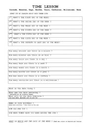 English worksheet:  DAYS OF THE WEEK. SECONDS, MINUTES, HOURS ETC - TIME LESSON
