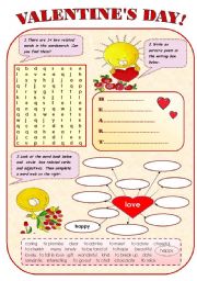 English Worksheet: VALENTINES DAY! - FUN AVTIVITIES FOR KIDS - 2 pages.