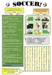 SOCCER! - vocabulary and reading comprehension set ( 3 pages + answer keys)