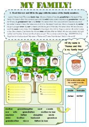 English Worksheet: GREAT FAMILY SET!  for elementary and pre-intermediate students- 2 pages + B&W FAMILY PROJECT WORKSHEET!