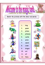 English Worksheet: Fairy tales ( 2 sheets) : vocabulary  + guided writing exercise 