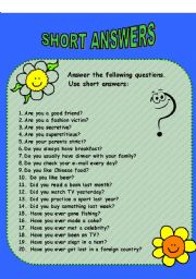 A 20 Questions Questionnaire Short Answers ESL