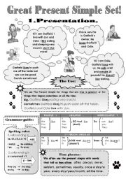 English Worksheet: GREAT PRESENT SIMPLE SET! - 5 pages: GRAMMAR-GUIDE  + 4 pages of DIFFERENT EXERCISES!