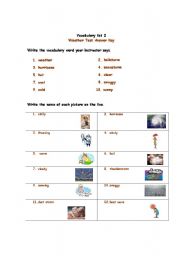 English worksheet:  Vocabulary list 2  weather test answer key