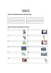 English Worksheet:  Vocabulary list 2 weather test learners copy