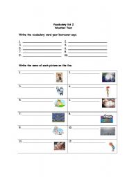 English worksheet:  Vocabulary list 2 weather test learners copy