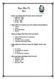 English Worksheet: Edgar Allan Poe - Quiz