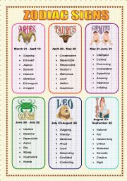 English Worksheet: Zodiac Signs and Adjectives - Speaking (3  sheets)