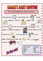 English Worksheet: Sarahs Daily Routine - Present Simple