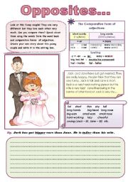 OPPOSITES... - comparative form of adjectives (FUN SPEAKING AND WRITING ACTIVITIES) 2 pages ( color and B & W versions)