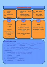 English Worksheet: Prepositions of time: in, on, at