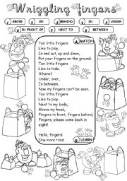 English Worksheet: Wriggling Fingers (prepositions of place)