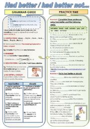 English Worksheet: HAD BETTER / HAD BETTER NOT... GRAMMAR_GUIDE + EXERCISES ( B&W and COLOR versions in one ws)