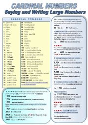 English Worksheet: CARDINAL NUMBERS.SAYING and WRITING LARGE NUMBERS - GRAMMAR-GUIDE (color and B&W versions in one ws)