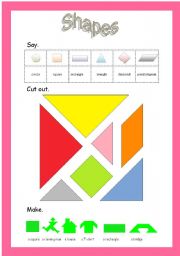 English Worksheet: Shapes Worksheet - Say some shapes/Cut out some puzzle pieces/Make various things from the puzzles pieces