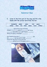 English Worksheet: Song    INCOMPLETE - Backstreet Boys