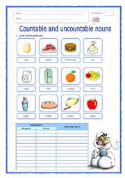 English Worksheet: countable and uncountable nouns (3 pages)