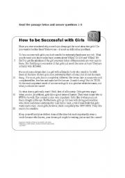 English Worksheet: How to be Successful with Girls - reading comprehension / discussion