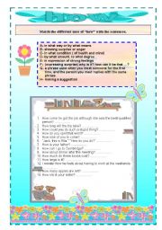 English Worksheet: the different uses of HOW with the sentences.