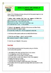 English Worksheet: ACTIVE TO PASSIVE WITH CHANGES OF CONSTRUCTION