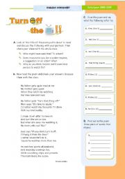 English Worksheet: Turn off the TV  - a poem - Reading for Upper Elementart / Intermediate students