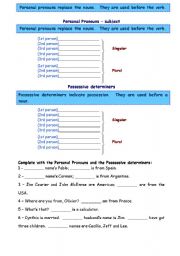 English Worksheet: Personal pronouns (subject) and possessive determiners
